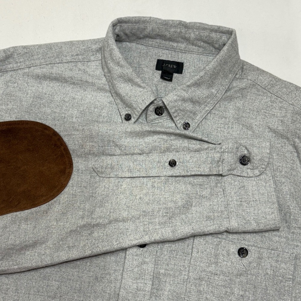 J.Crew Flannel Shirt Mens Large Gray Leather Elbow Patches 06791 Academic Rugged
